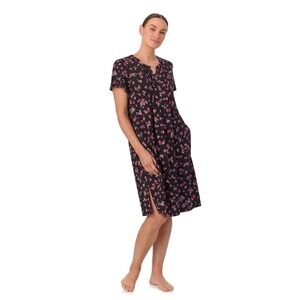 Aria Nightgown womens Short Sleeve black Pink floral pockets Nightgown Soft Knit